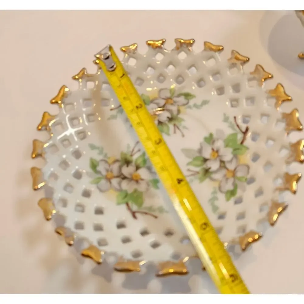 3 Legged China Teacup and Reticulated Saucer Dogwood Floral Gold tipped Japan